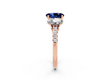 Rose gold Three-Stone Oval Cut Blue Sapphire Ring with Pavé Band and Prong Setting_14