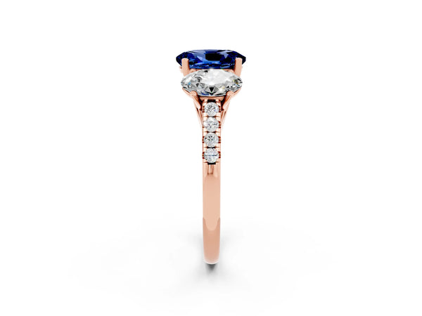 Rose gold Three-Stone Oval Cut Blue Sapphire Ring with Round  Pavé Band and Prong Setting