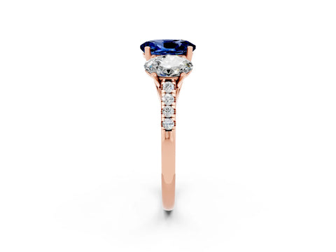 Rose gold Three-Stone Oval Cut Blue Sapphire Ring with Pavé Band and Prong Setting_14
