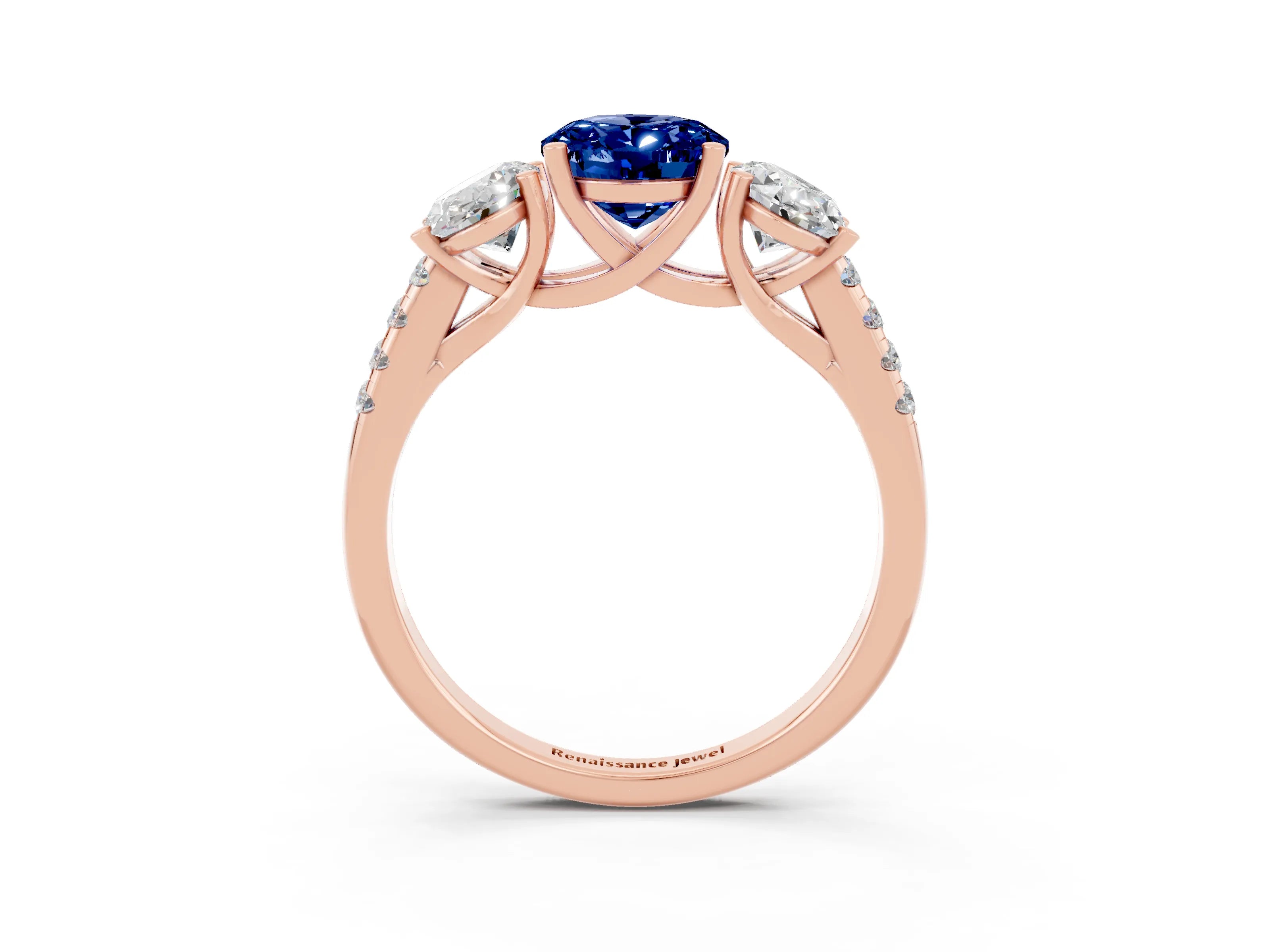 Rose gold Three-Stone Oval Cut Blue Sapphire Ring with Pavé Band and Prong Setting_15