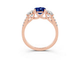 Rose gold Three-Stone Oval Cut Blue Sapphire Ring with Pavé Band and Prong Setting_15