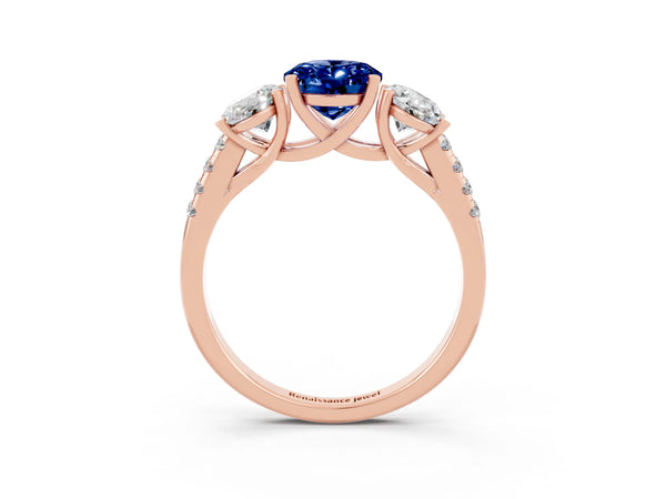 Rose gold Three-Stone Oval Cut Blue Sapphire Ring with Round  Pavé Band and Prong Setting