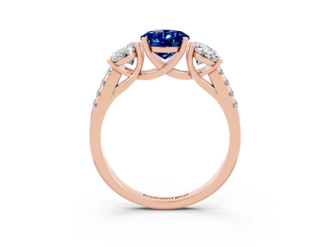 Rose gold Three-Stone Oval Cut Blue Sapphire Ring with Pavé Band and Prong Setting_15