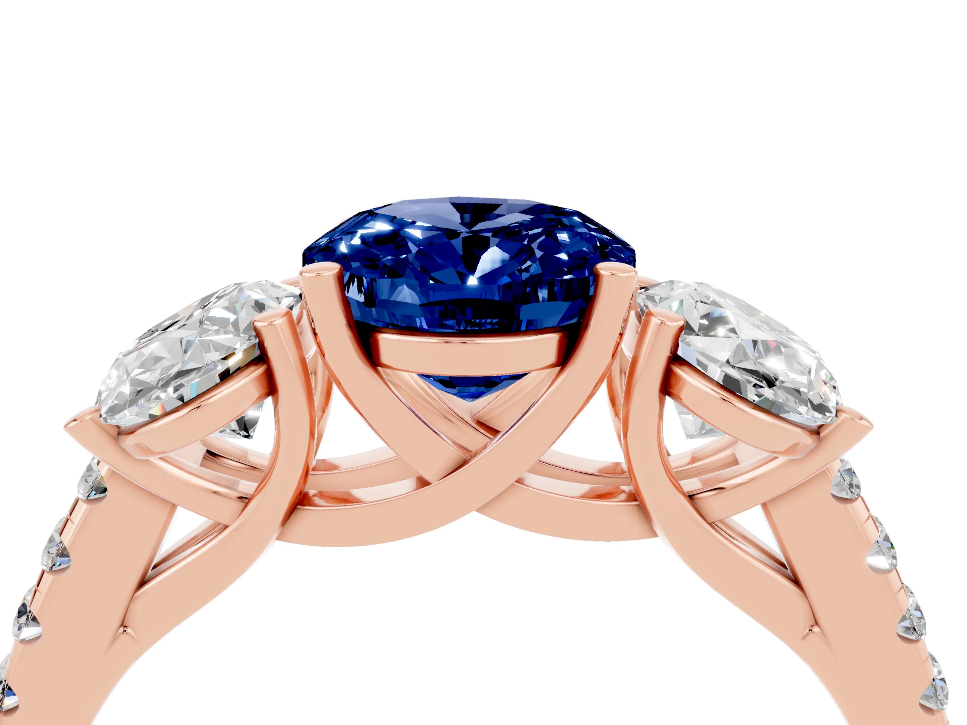 Rose gold Three-Stone Oval Cut Blue Sapphire Ring with Pavé Band and Prong Setting_16