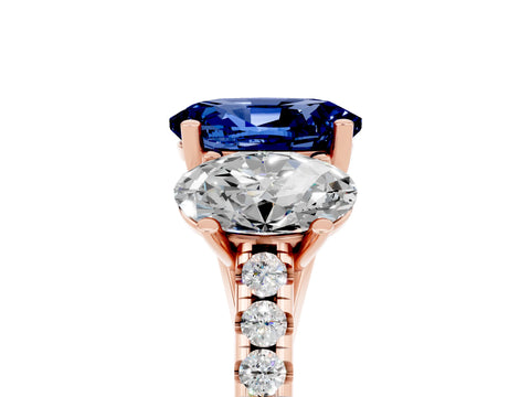 Rose gold Three-Stone Oval Cut Blue Sapphire Ring with Pavé Band and Prong Setting_17