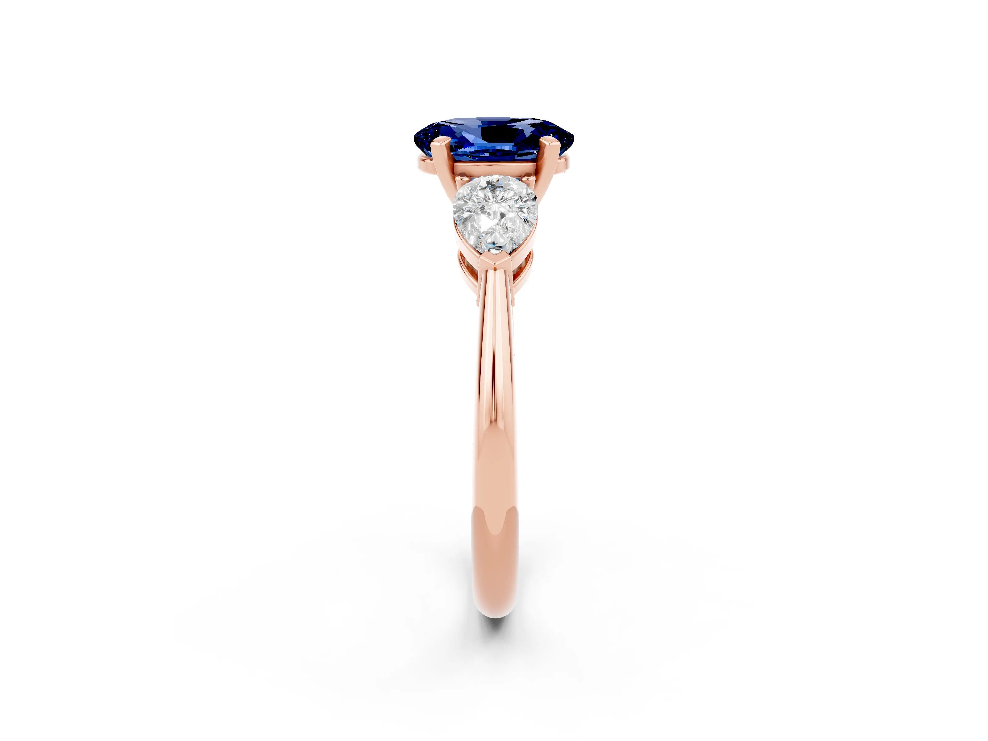 Rose gold Three-Stone Oval Cut Blue Sapphire Ring with Pear Side Stones and Four-Prong Setting_2