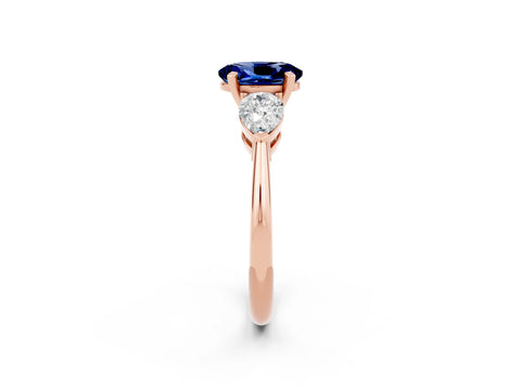 Rose gold Three-Stone Oval Cut Blue Sapphire Ring with Pear Side Stones and Four-Prong Setting_2