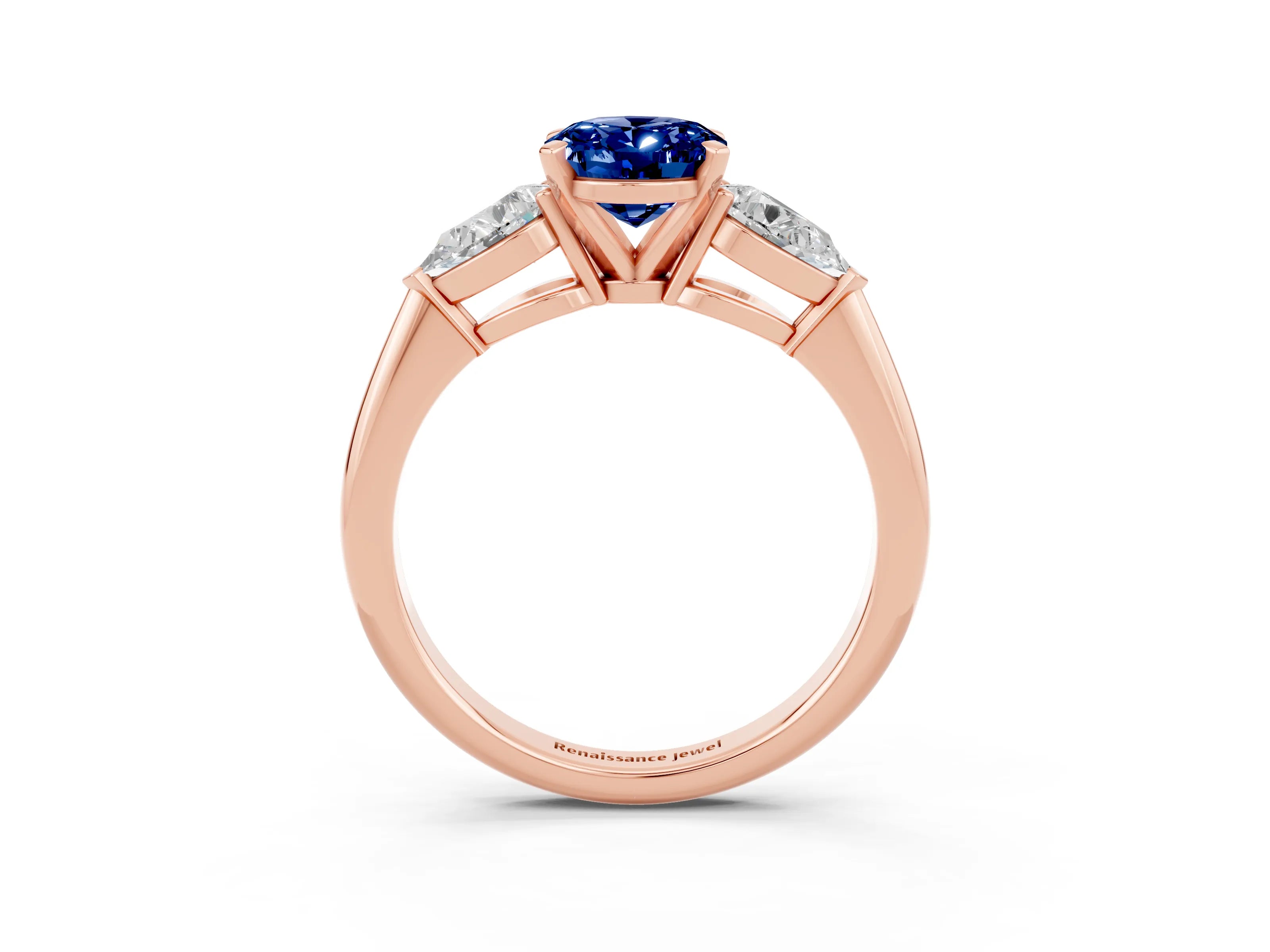 Rose gold Three-Stone Oval Cut Blue Sapphire Ring with Pear Side Stones and Four-Prong Setting_3