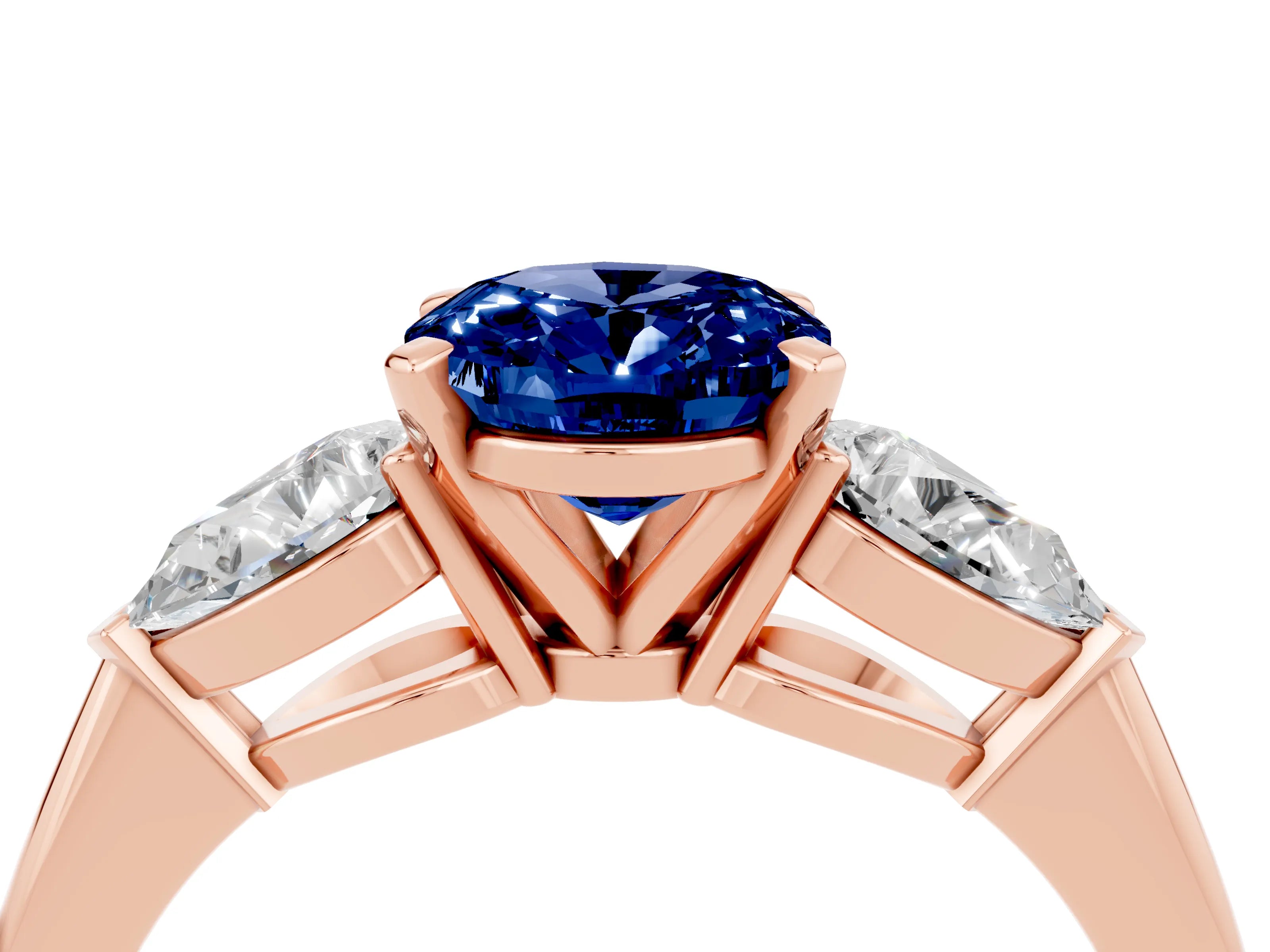 Rose gold Three-Stone Oval Cut Blue Sapphire Ring with Pear Side Stones and Four-Prong Setting_4