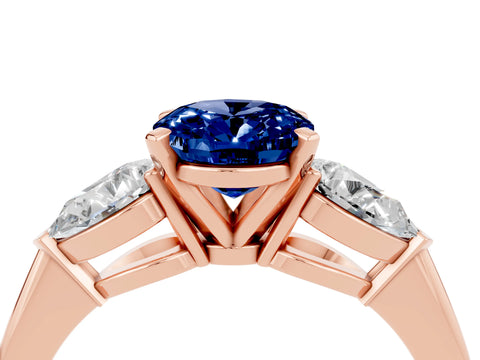 Rose gold Three-Stone Oval Cut Blue Sapphire Ring with Pear Side Stones and Four-Prong Setting_4