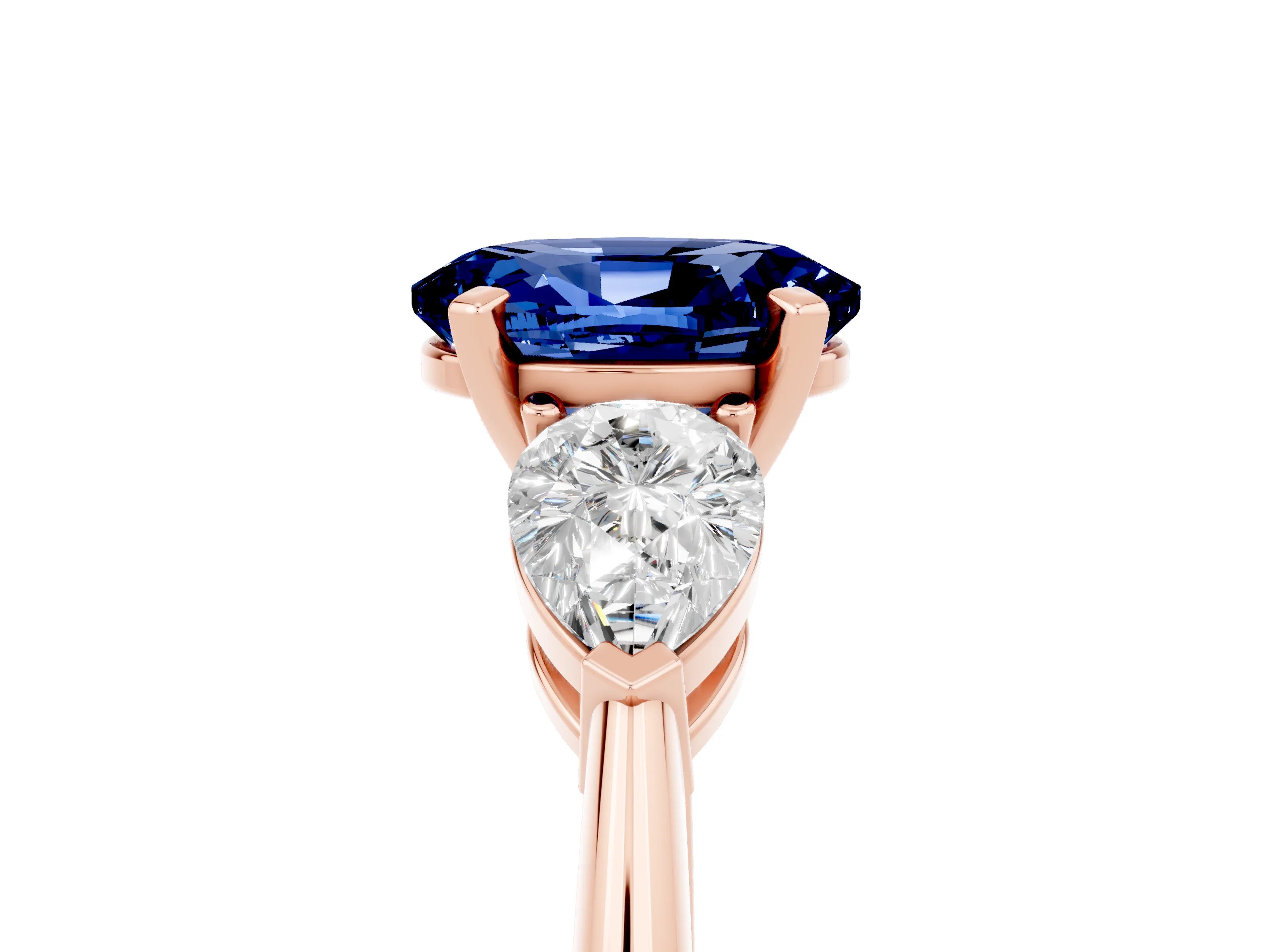 Rose gold Three-Stone Oval Cut Blue Sapphire Ring with Pear Side Stones and Four-Prong Setting_5