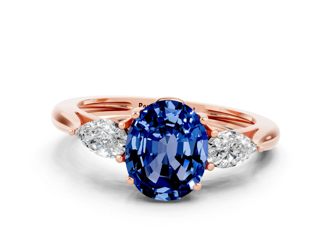 Rose gold Three-Stone Oval Cut Blue Sapphire Ring with Pear  Side Stones in Four-Prong Setting_12
