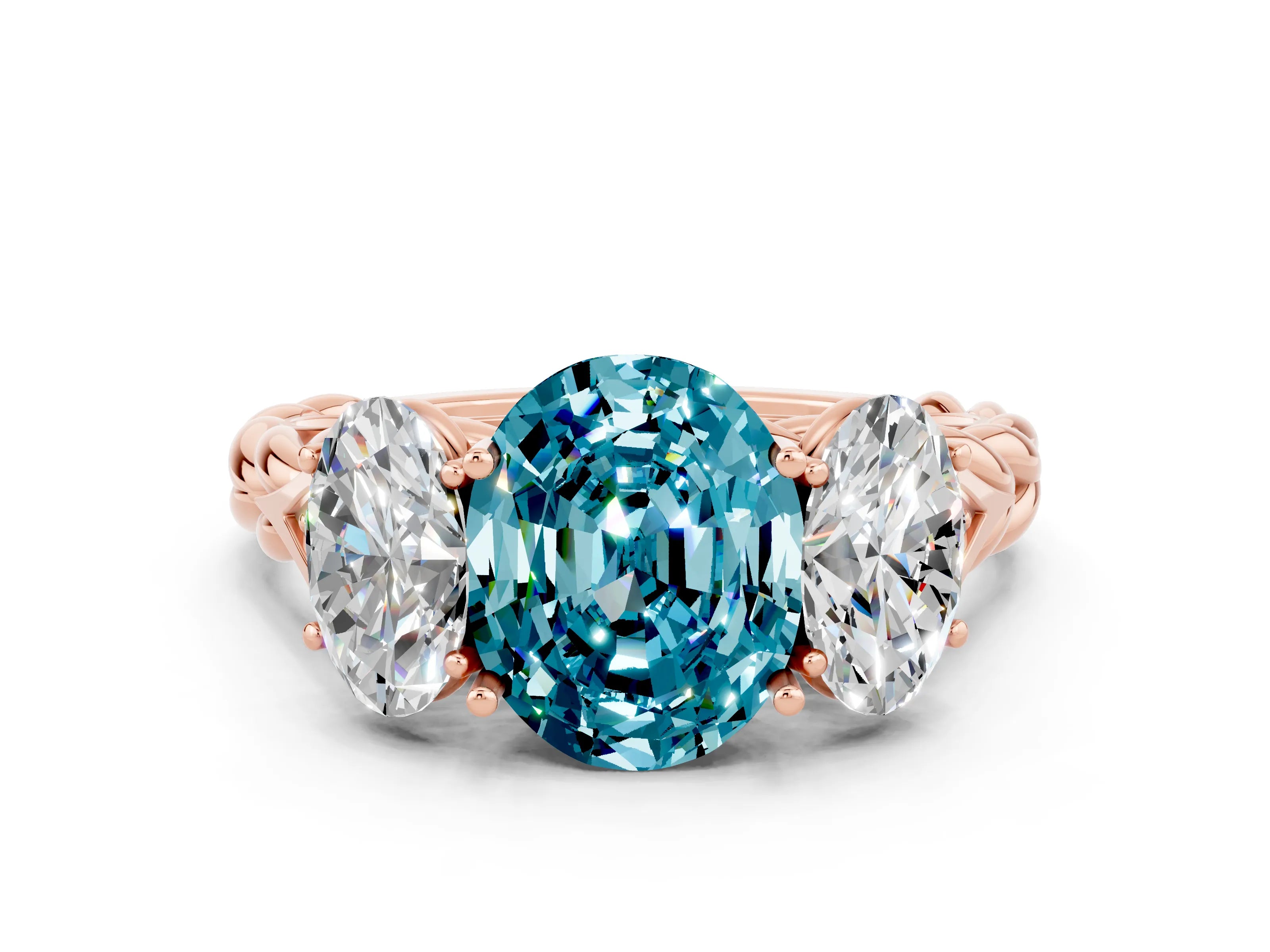 Rose gold Three-Stone Oval Cut Blue Topaz Braided Band Ring with Four-Prong Setting_12