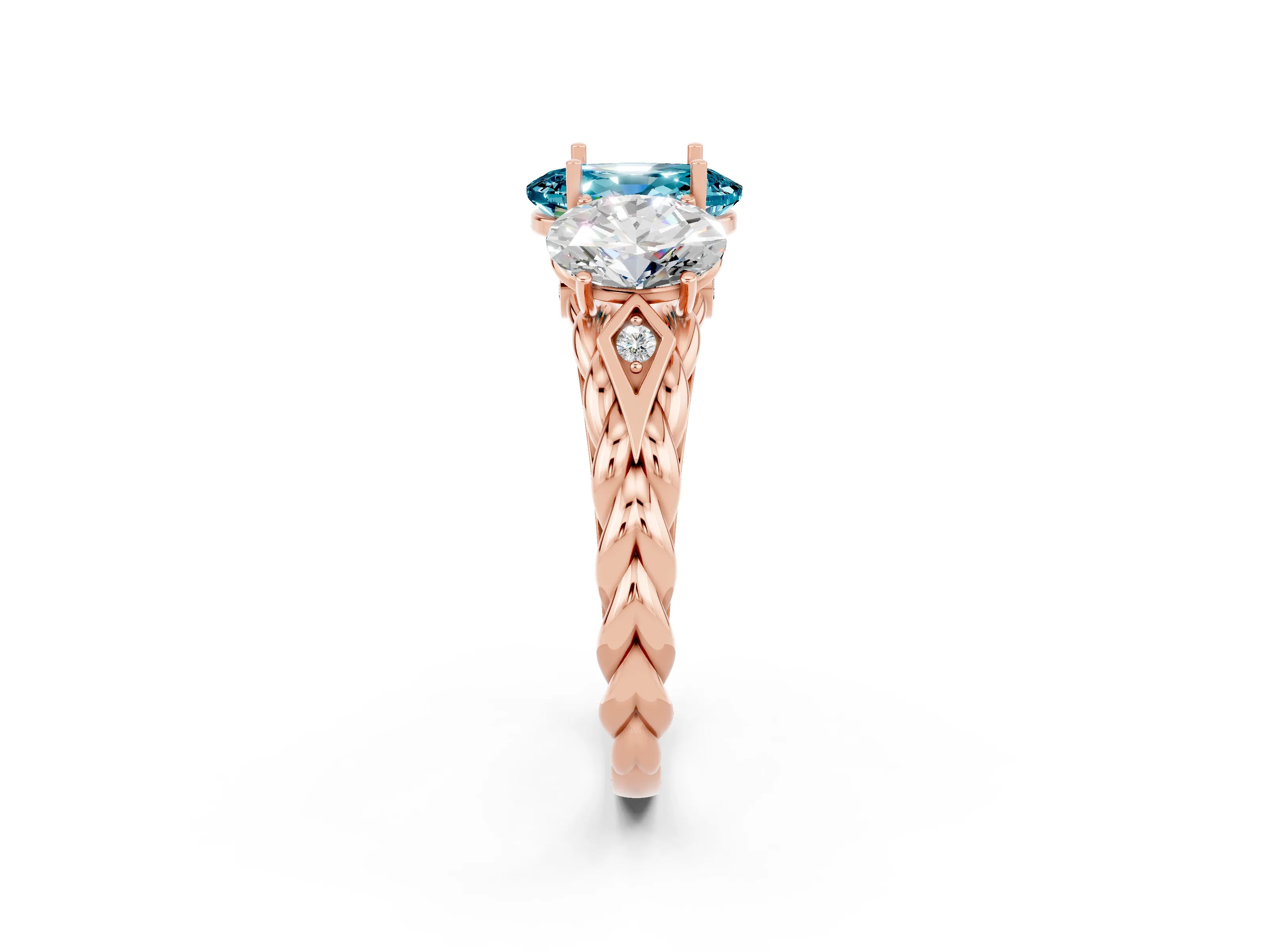 Rose gold Three-Stone Oval Cut Blue Topaz Braided Band Ring with Four-Prong Setting_14