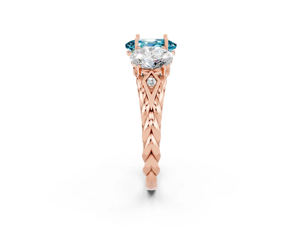Rose gold Three-Stone Oval Cut Blue Topaz Braided Band Ring with Four-Prong Setting