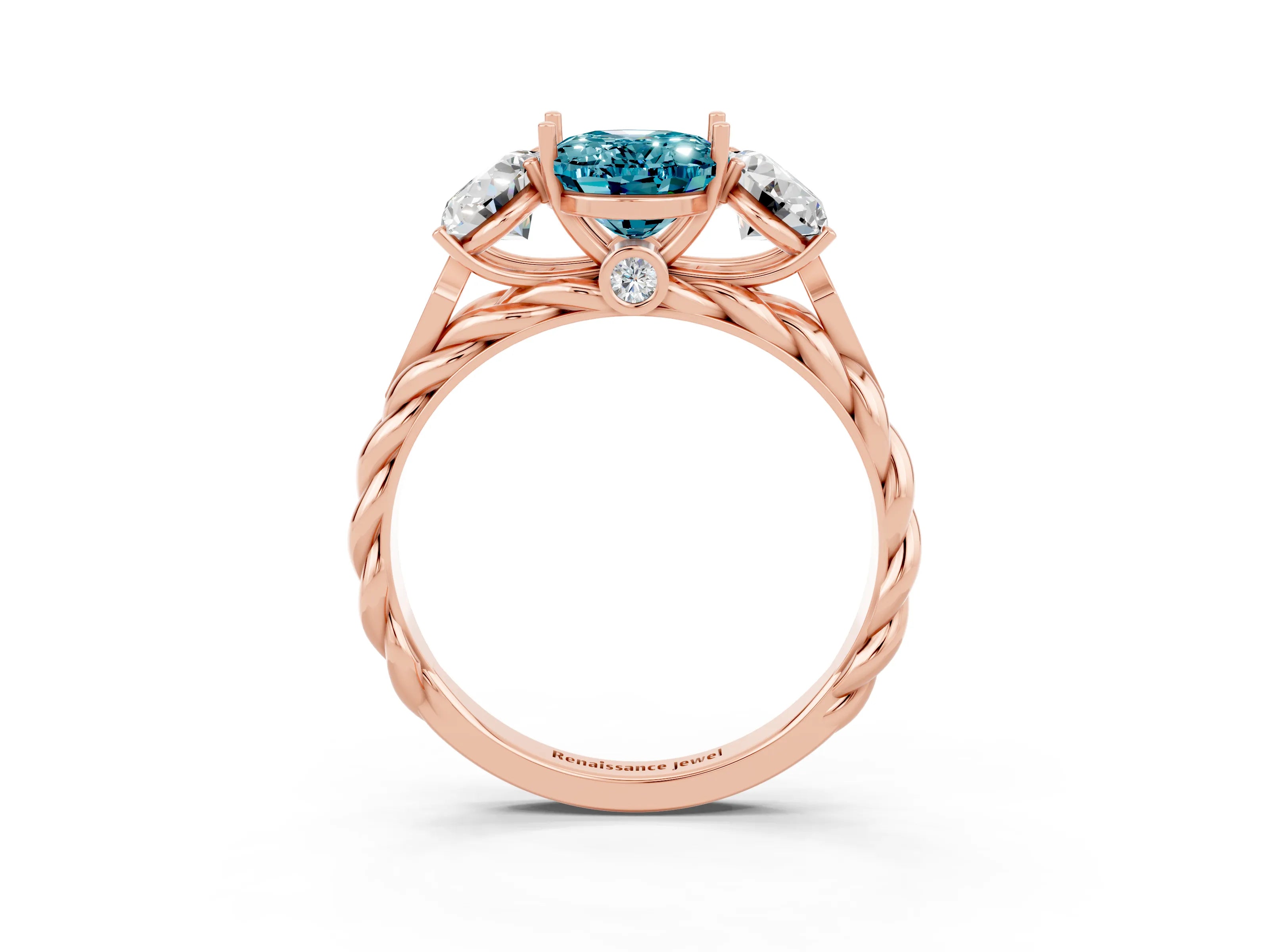 Rose gold Three-Stone Oval Cut Blue Topaz Braided Band Ring with Four-Prong Setting_15