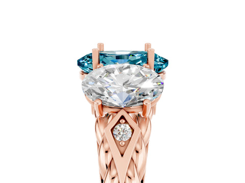 Rose gold Three-Stone Oval Cut Blue Topaz Braided Band Ring with Four-Prong Setting_17