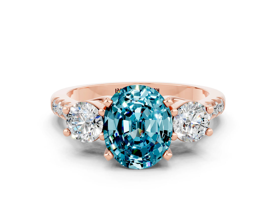 Rose gold Three-Stone Oval Cut Blue Topaz Pavé Band with Four-Prong Setting