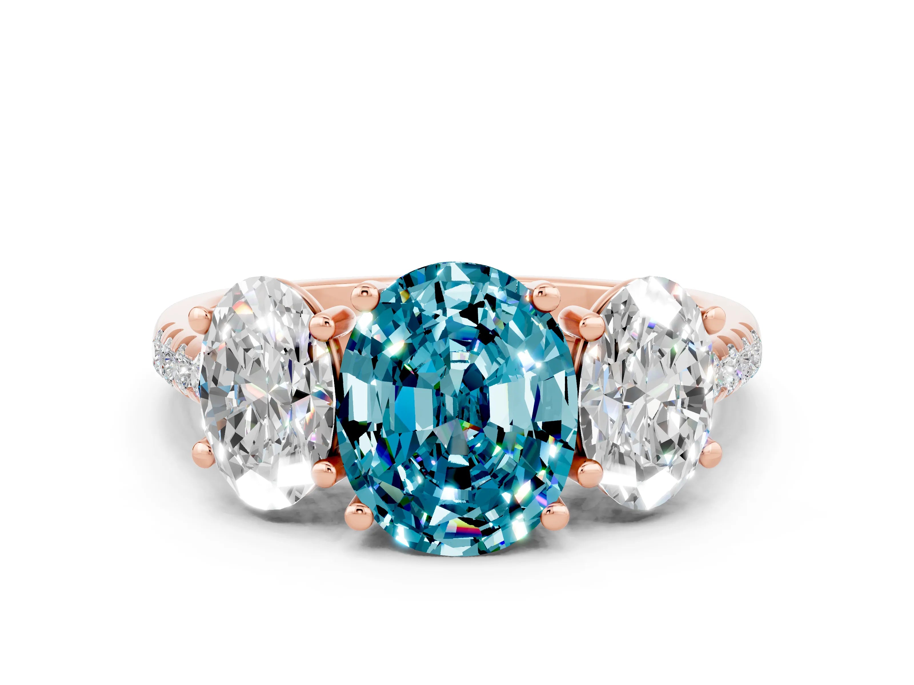 Rose gold Three-Stone Oval Cut Blue Topaz Ring with Pavé Band and Prong Setting_12