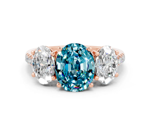 Rose gold Three-Stone Oval Cut Blue Topaz Ring with Round  Pavé Band and Prong Setting