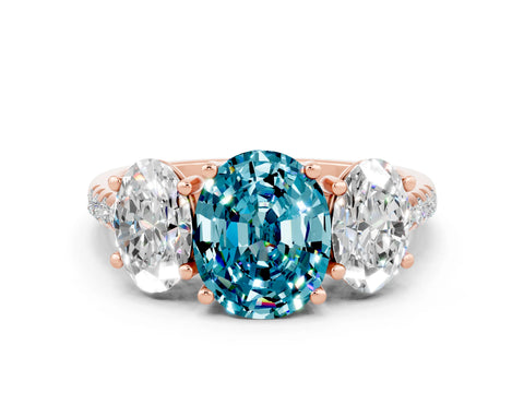 Rose gold Three-Stone Oval Cut Blue Topaz Ring with Pavé Band and Prong Setting_12