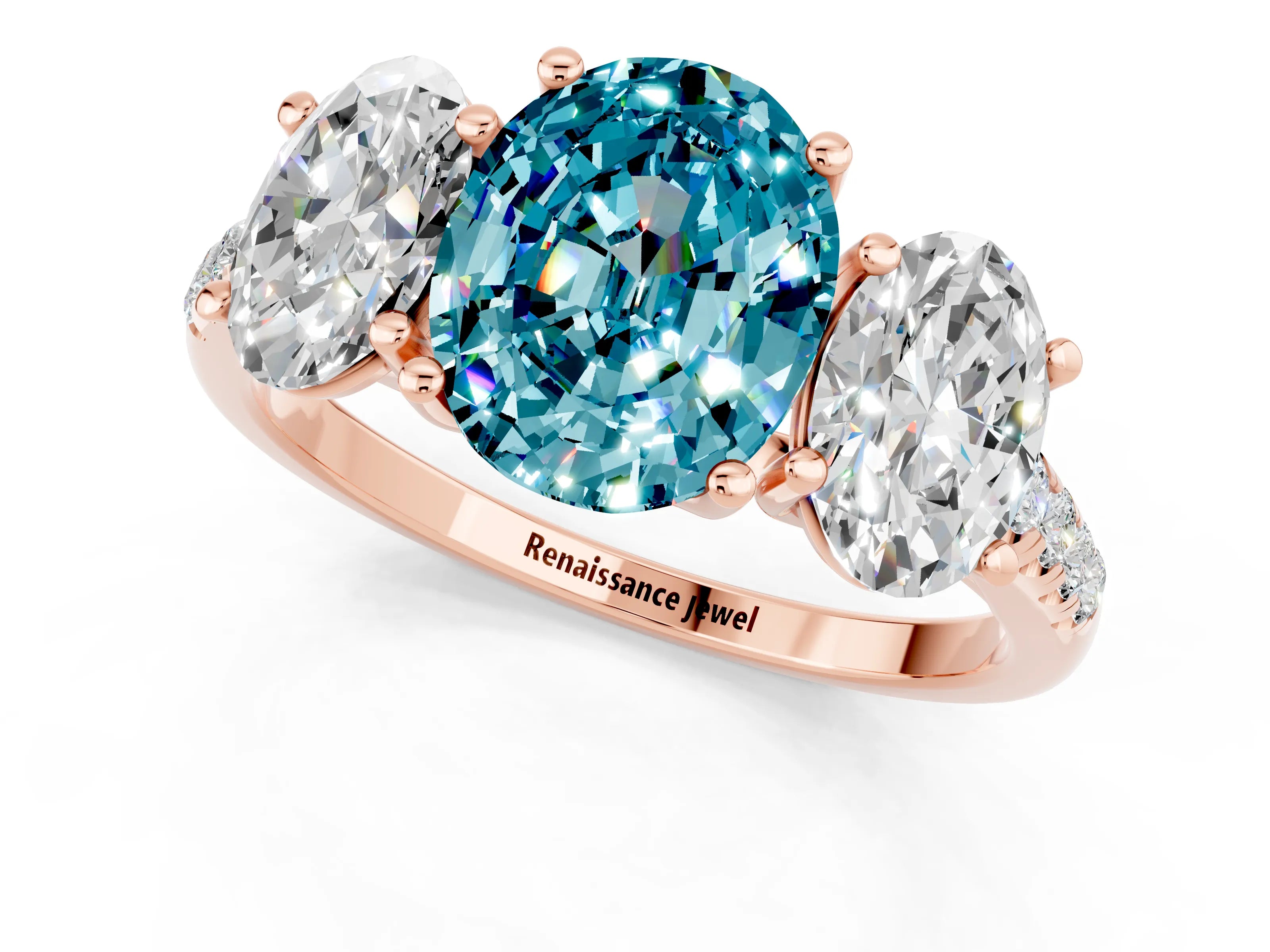 Rose gold Three-Stone Oval Cut Blue Topaz Ring with Pavé Band and Prong Setting_13