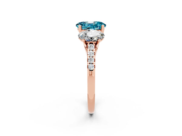 Rose gold Three-Stone Oval Cut Blue Topaz Ring with Round  Pavé Band and Prong Setting