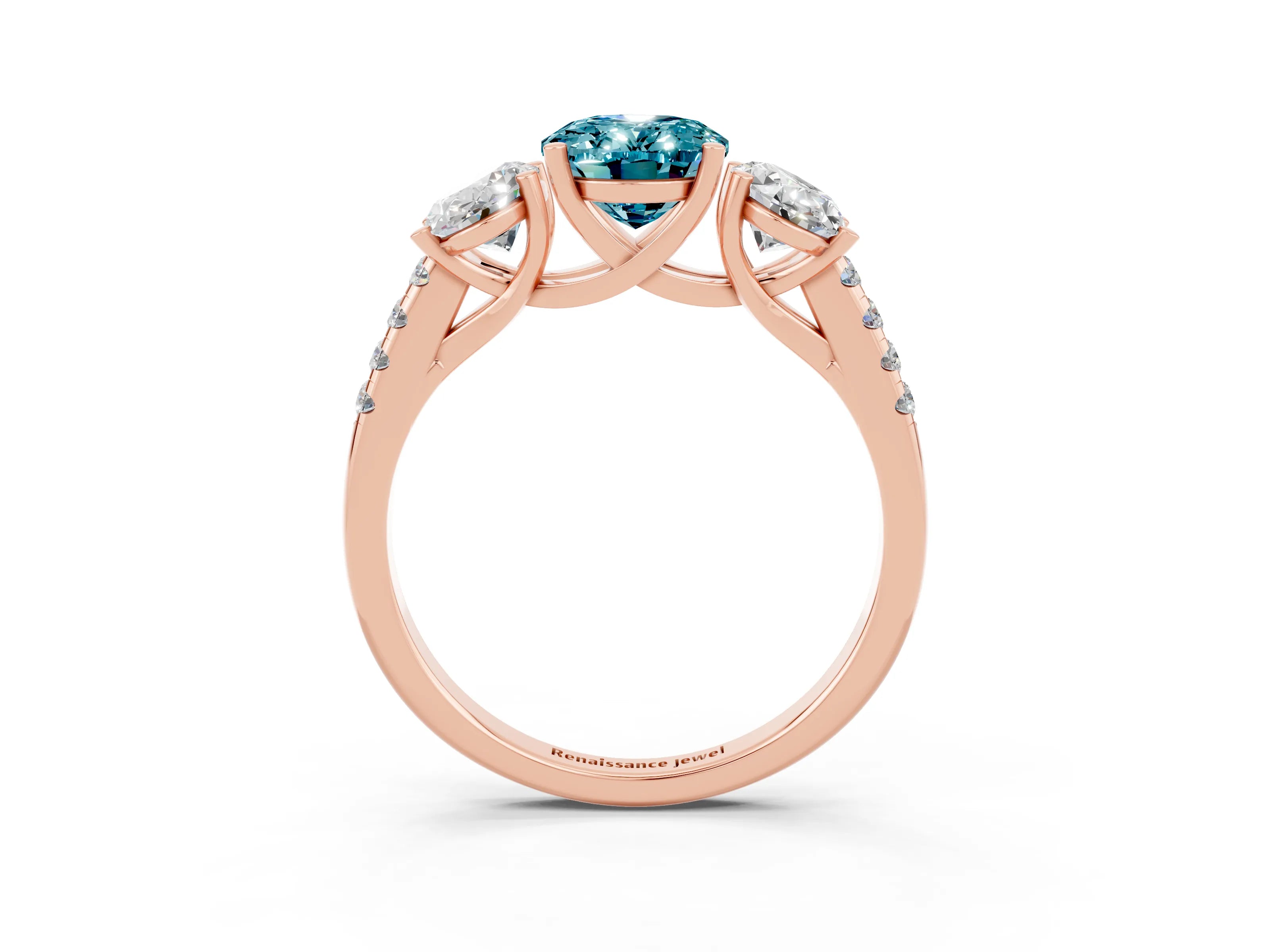 Rose gold Three-Stone Oval Cut Blue Topaz Ring with Pavé Band and Prong Setting_15