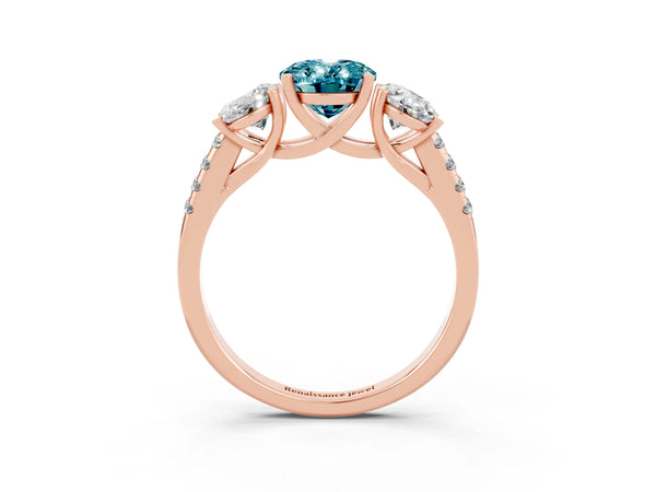 Rose gold Three-Stone Oval Cut Blue Topaz Ring with Round  Pavé Band and Prong Setting