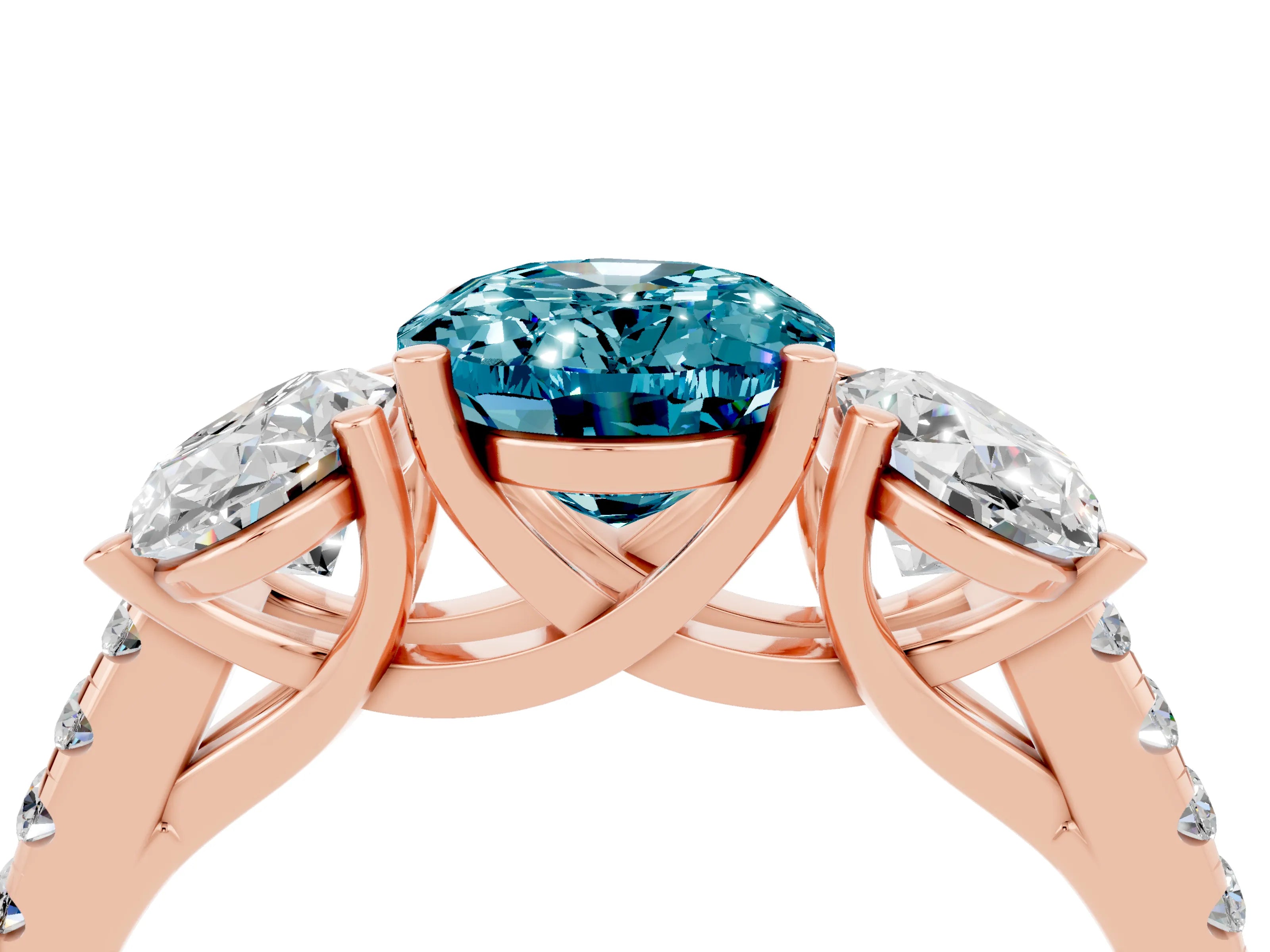 Rose gold Three-Stone Oval Cut Blue Topaz Ring with Pavé Band and Prong Setting_16