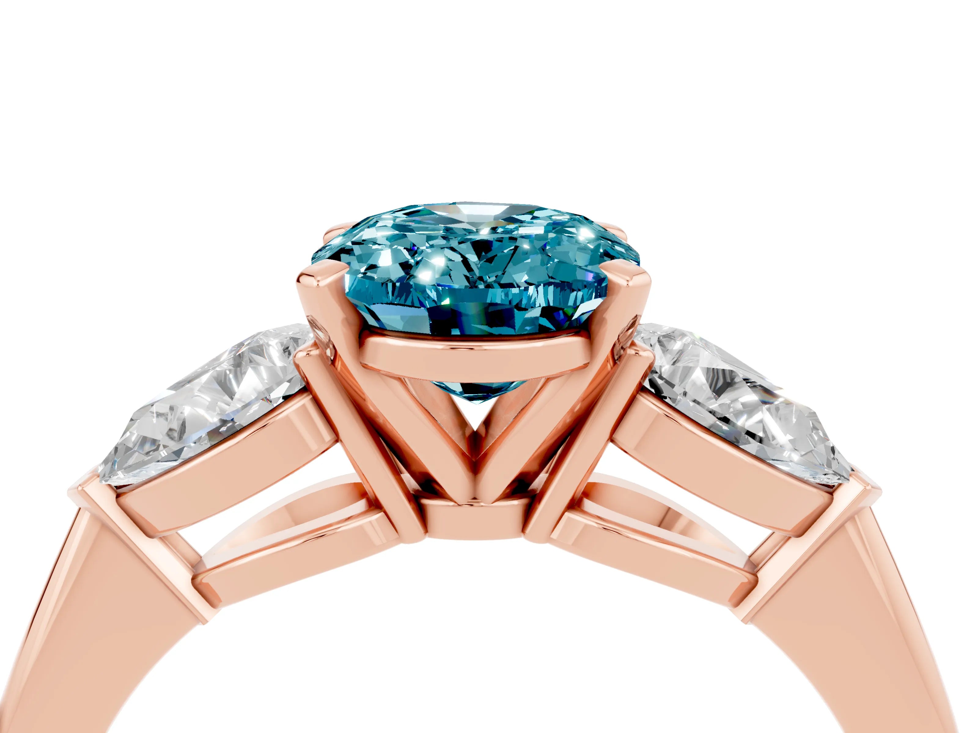 Rose gold Three-Stone Oval Cut Blue Topaz Ring with Pear Side Stones and Four-Prong Setting_4
