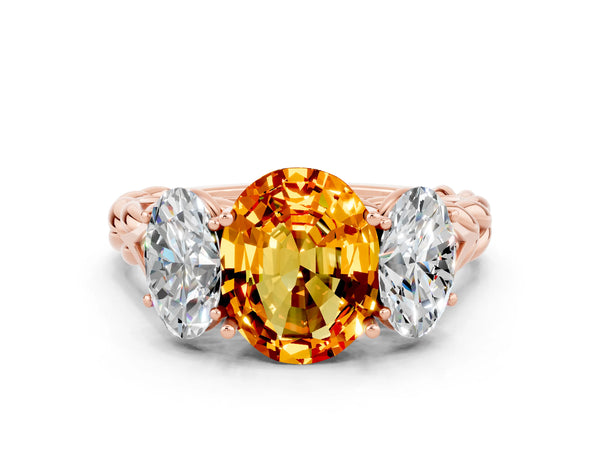 Rose gold Three-Stone Oval Cut Citrine Braided Band Ring with Four-Prong Setting