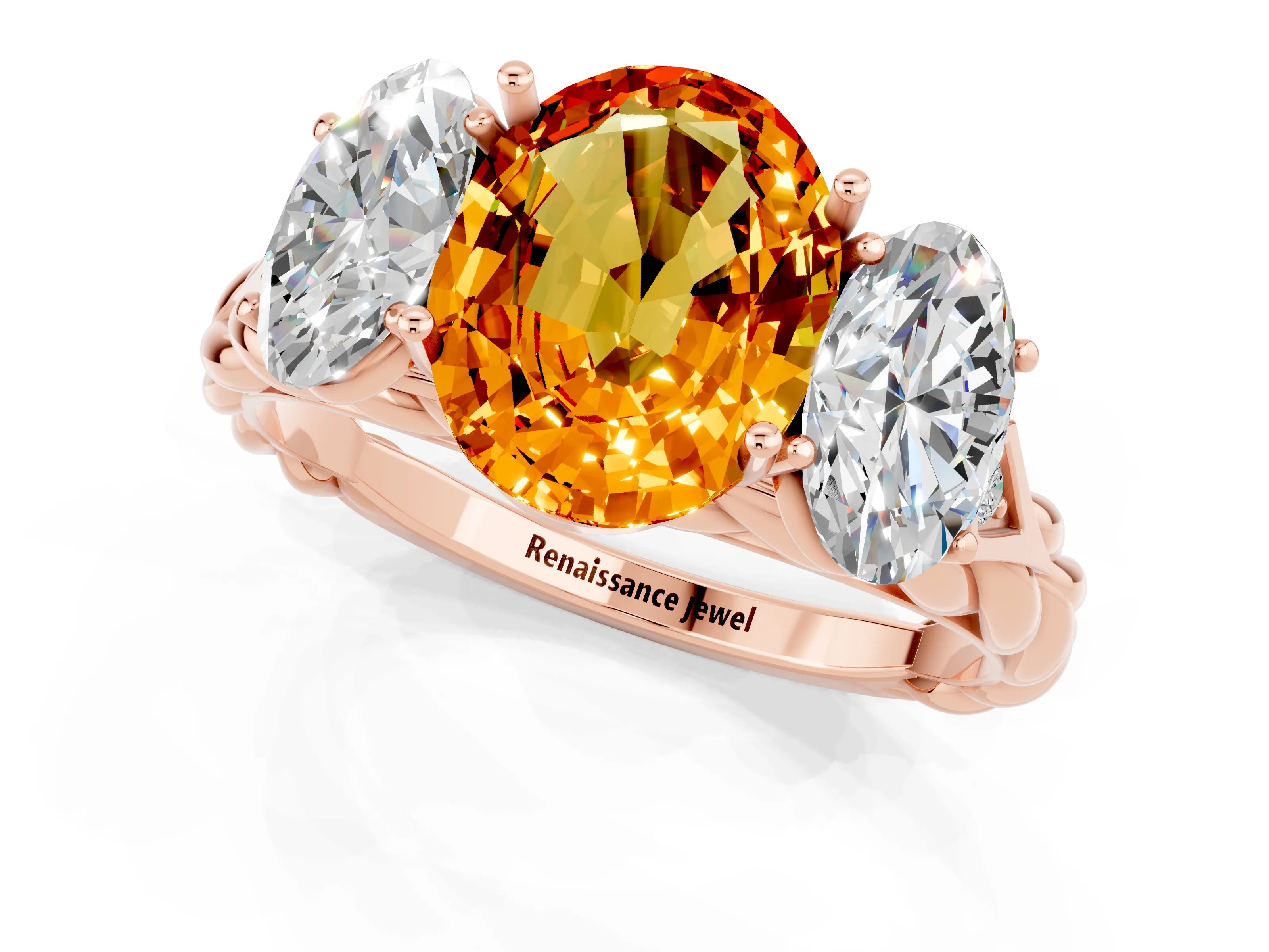 Rose gold Three-Stone Oval Cut Citrine Braided Band Ring with Four-Prong Setting_47