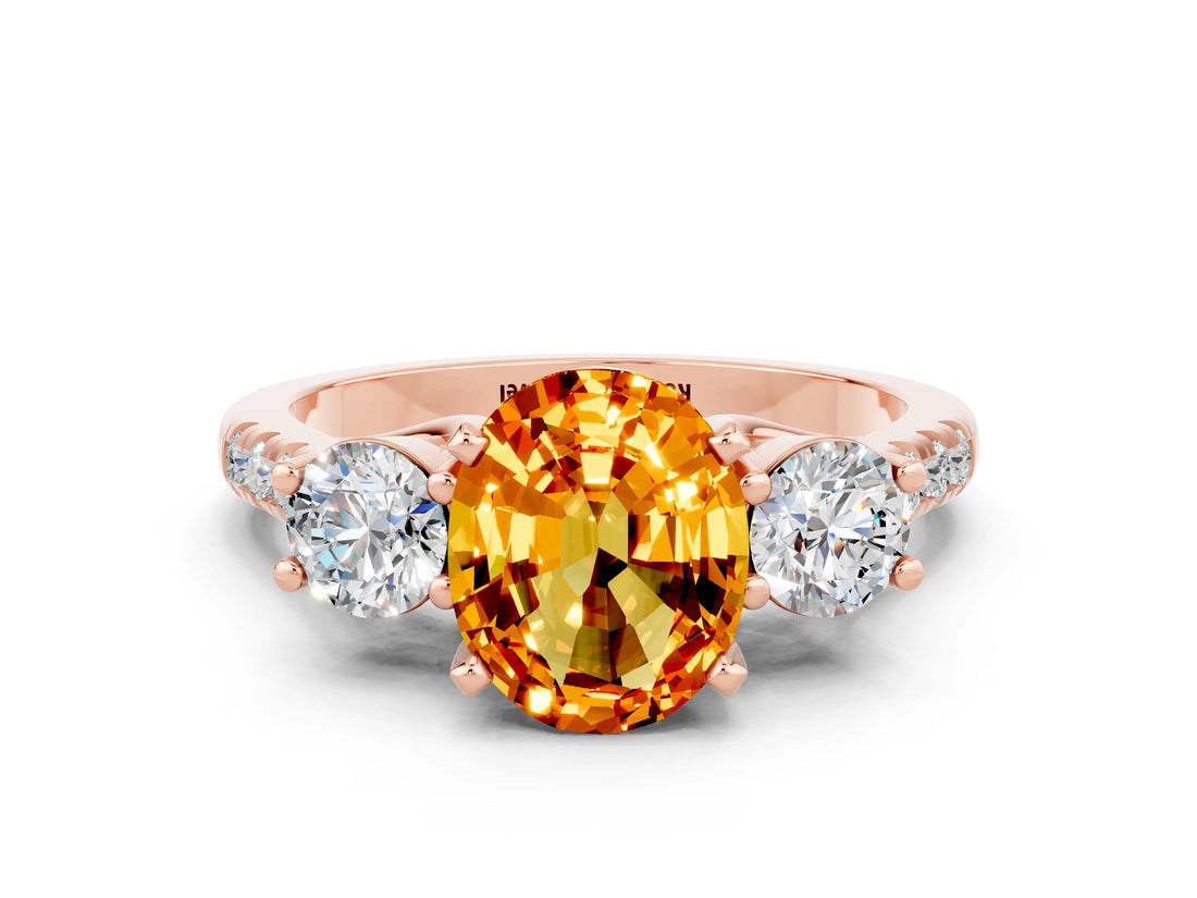 Rose gold Three-Stone Oval Cut Citrine Pavé Band with Four-Prong Setting