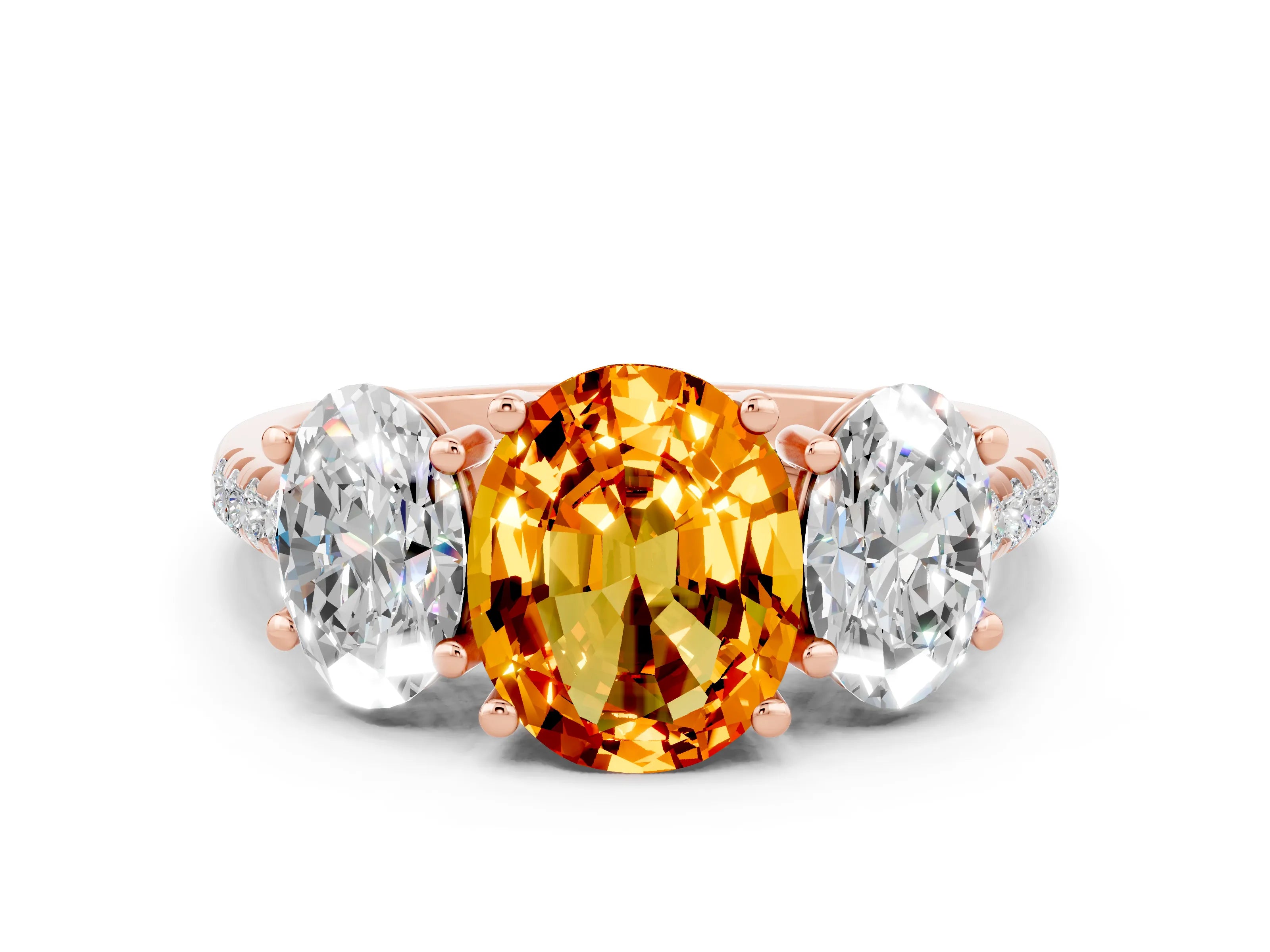 Rose gold Three-Stone Oval Cut Citrine Ring with Pavé Band and Prong Setting_12