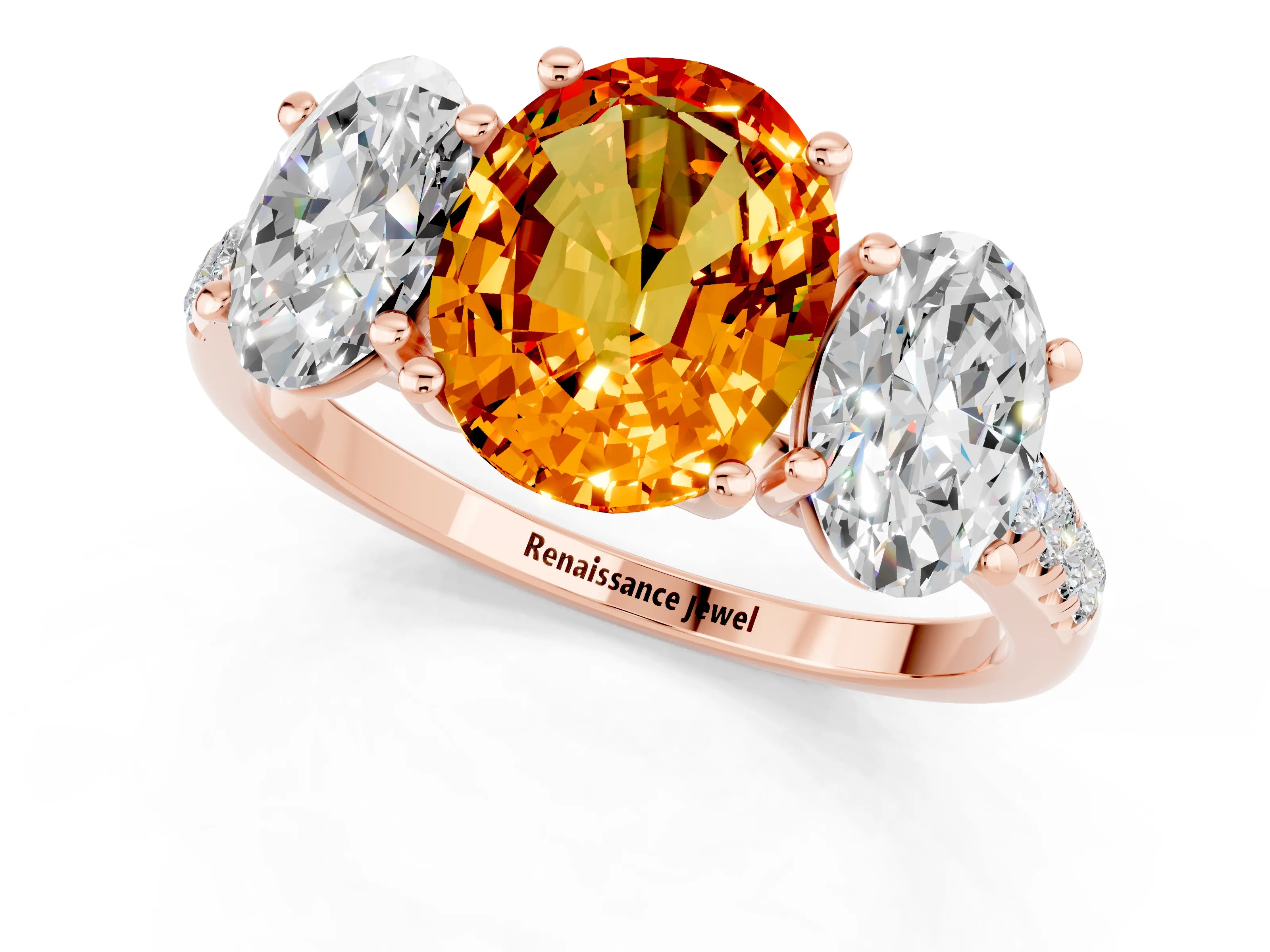 Rose gold Three-Stone Oval Cut Citrine Ring with Pavé Band and Prong Setting_13