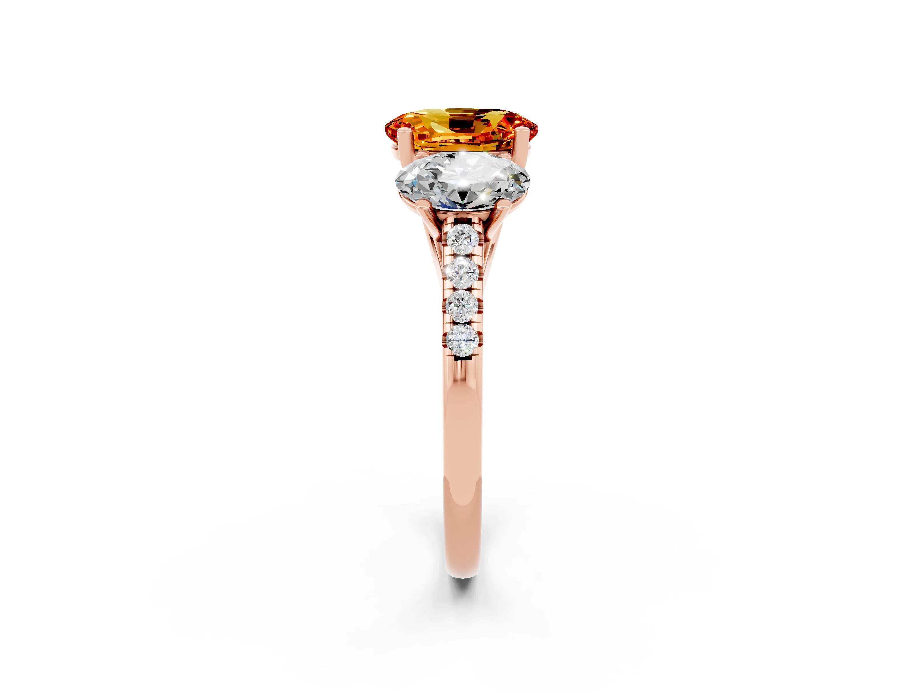 Rose gold Three-Stone Oval Cut Citrine Ring with Pavé Band and Prong Setting_14