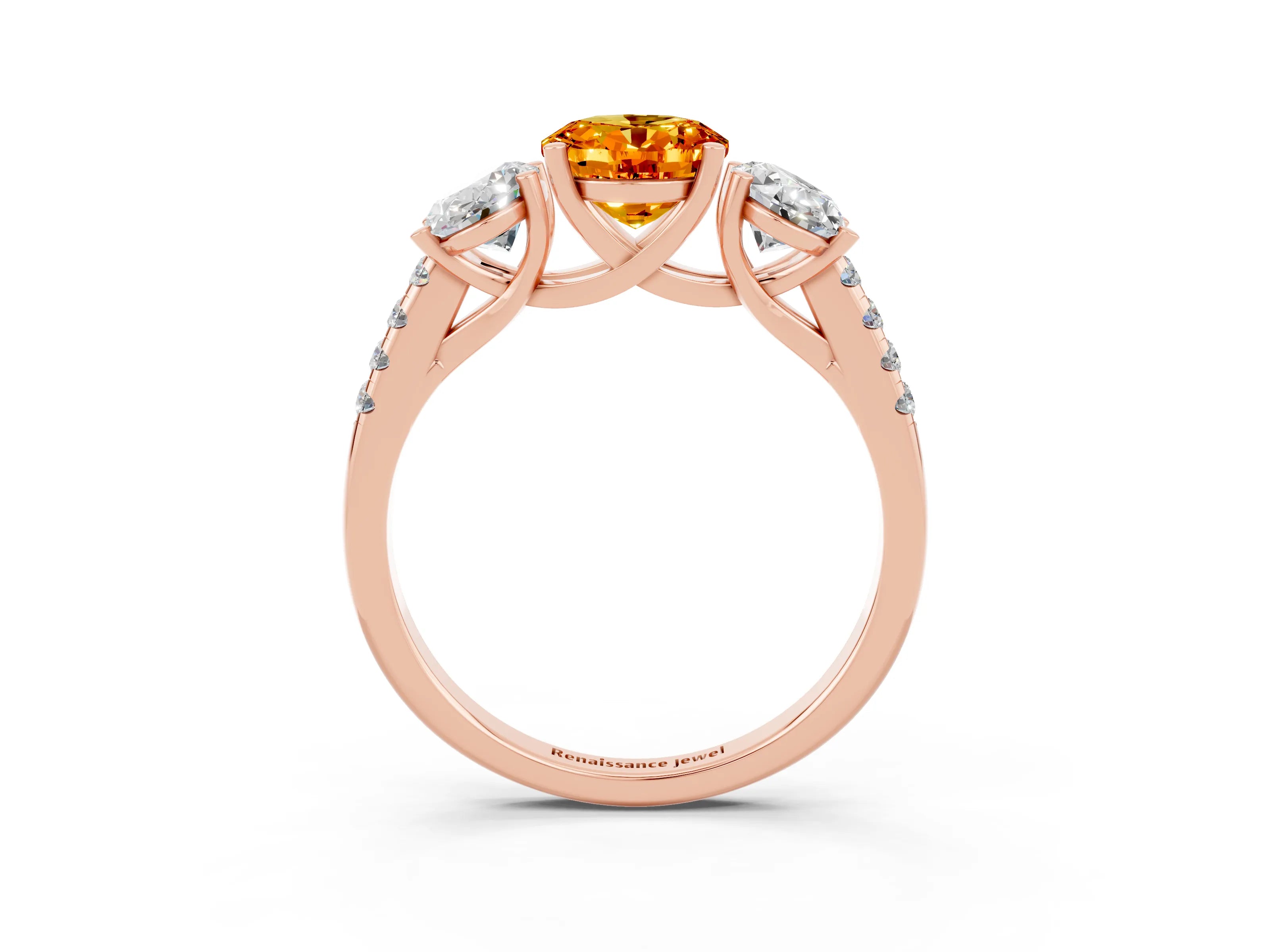 Rose gold Three-Stone Oval Cut Citrine Ring with Pavé Band and Prong Setting_15