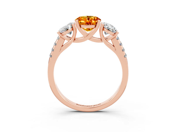 Rose gold Three-Stone Oval Cut Citrine Ring with Round  Pavé Band and Prong Setting