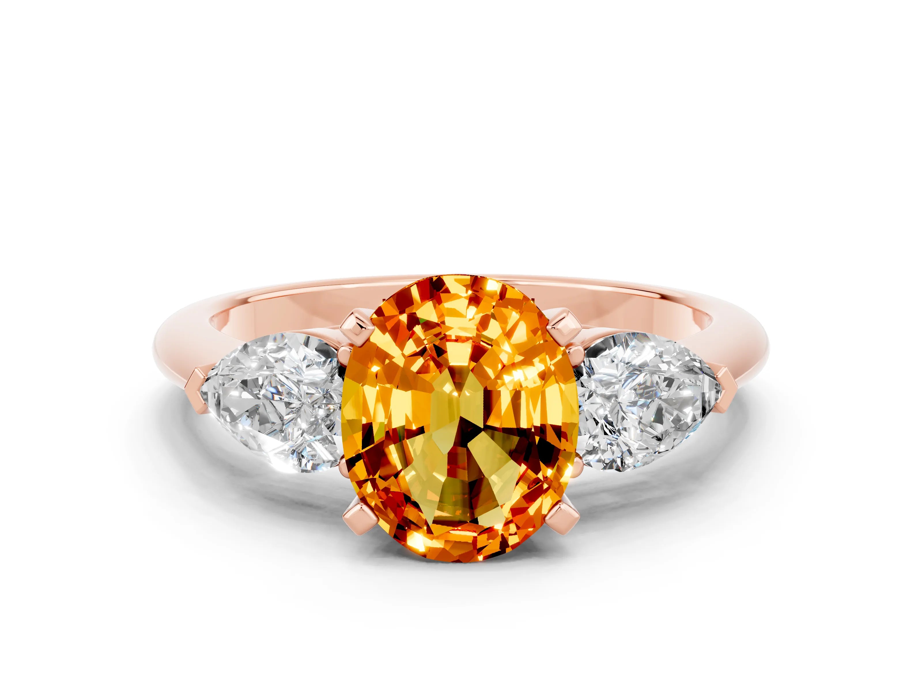 Rose gold Three-Stone Oval Cut Citrine Ring with Pear Side Stones and Four-Prong Setting