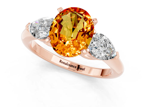 Rose gold Three-Stone Oval Cut Citrine Ring with Pear Side Stones and Four-Prong Setting_1