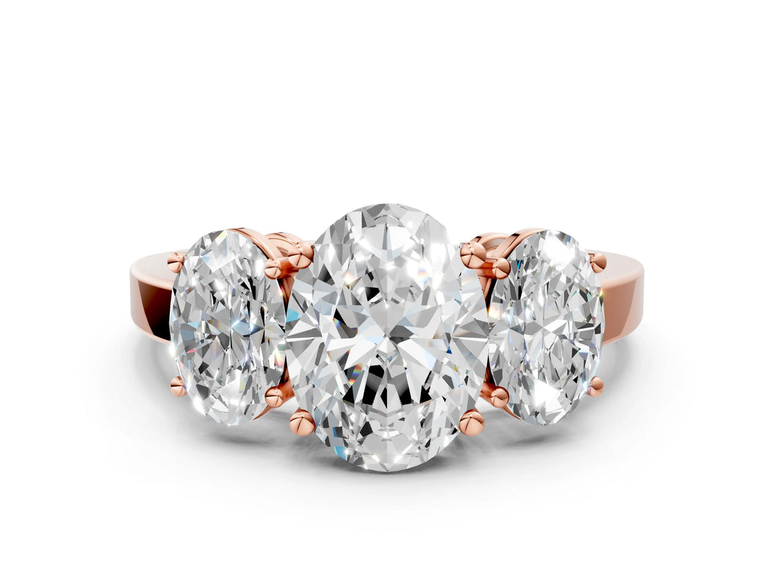 Rose gold Three-Stone Oval Cut Cut Diamond Engagement Ring with Flat Band and Four-Prong Setting_3