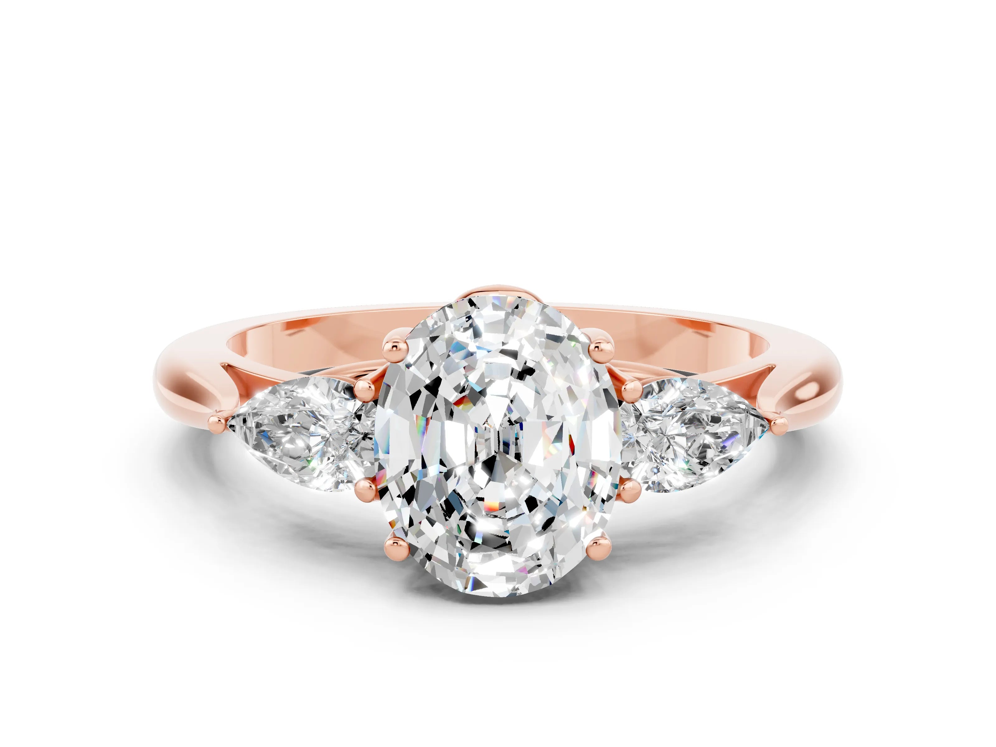 Rose gold Three-Stone Oval Cut Cut Diamond Ring with Pear Side Stones in Four-Prong Setting
