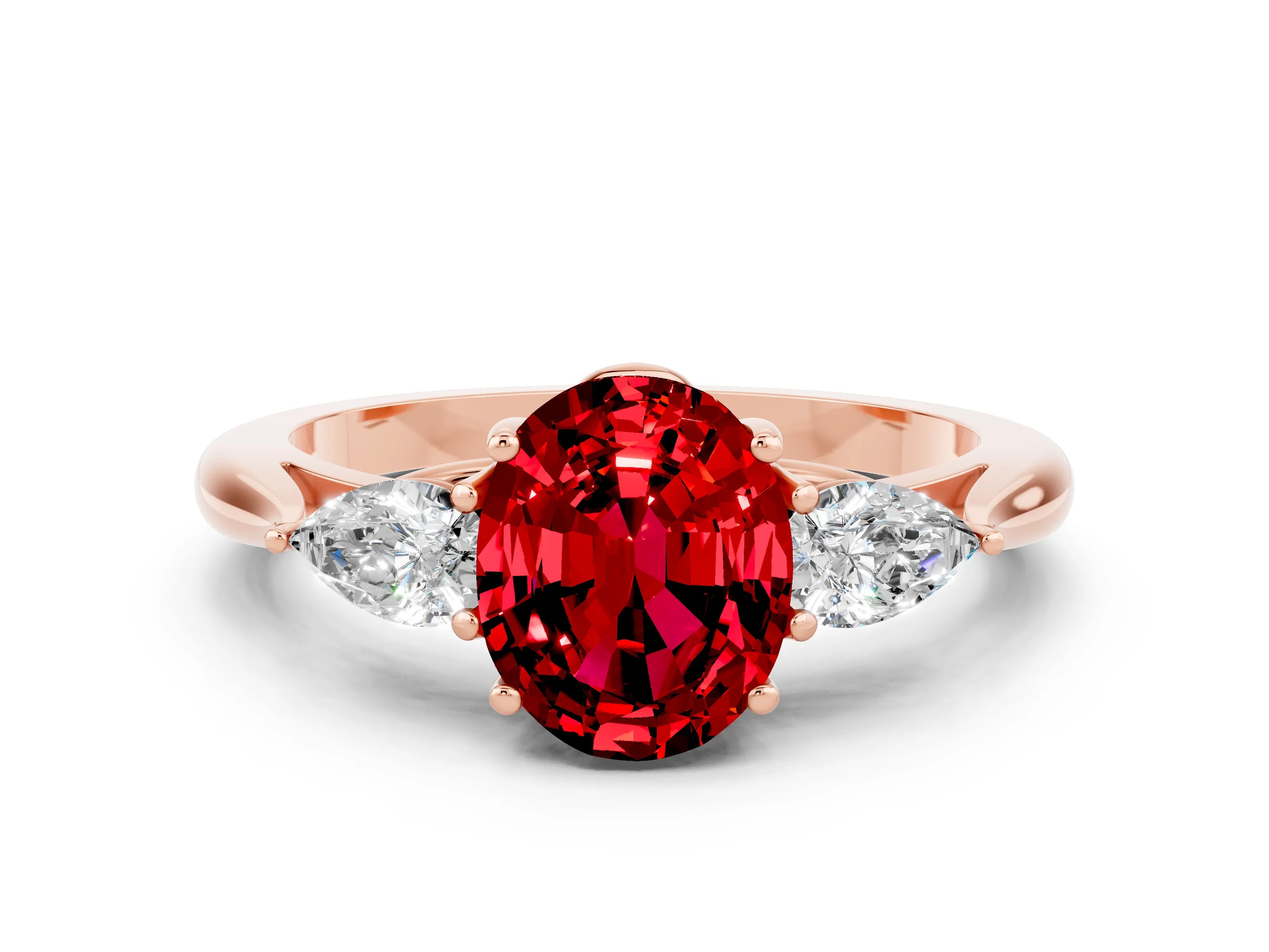 Rose gold Three-Stone Oval Cut Cut Diamond Ring with Pear Side Stones in Four-Prong Setting