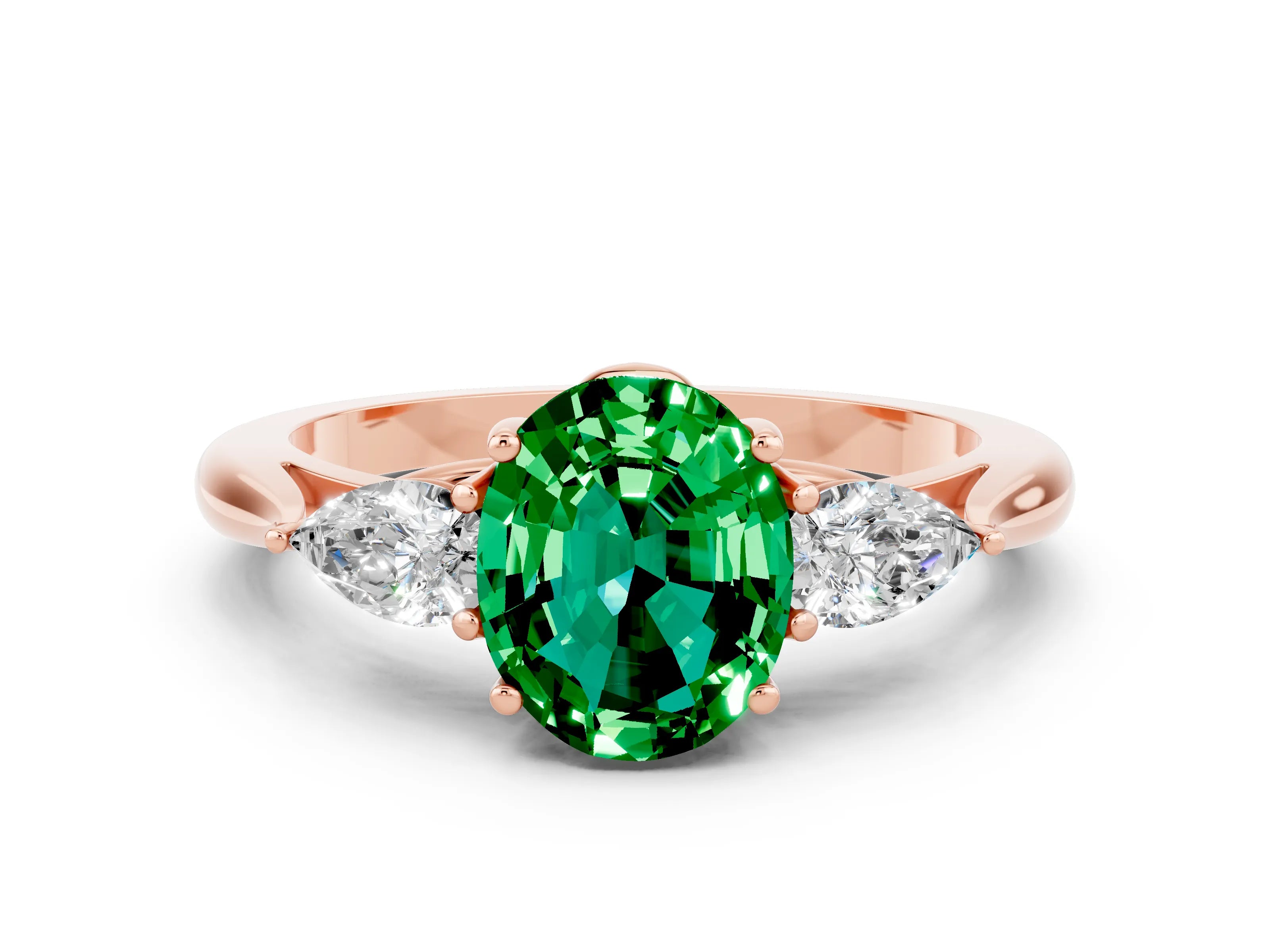 Rose gold Three-Stone Oval Cut Cut Diamond Ring with Pear Side Stones in Four-Prong Setting