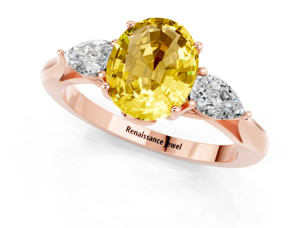 Rose gold Three-Stone Oval Cut Yellow Sapphire Ring with Pear  Side Stones in Four-Prong Setting