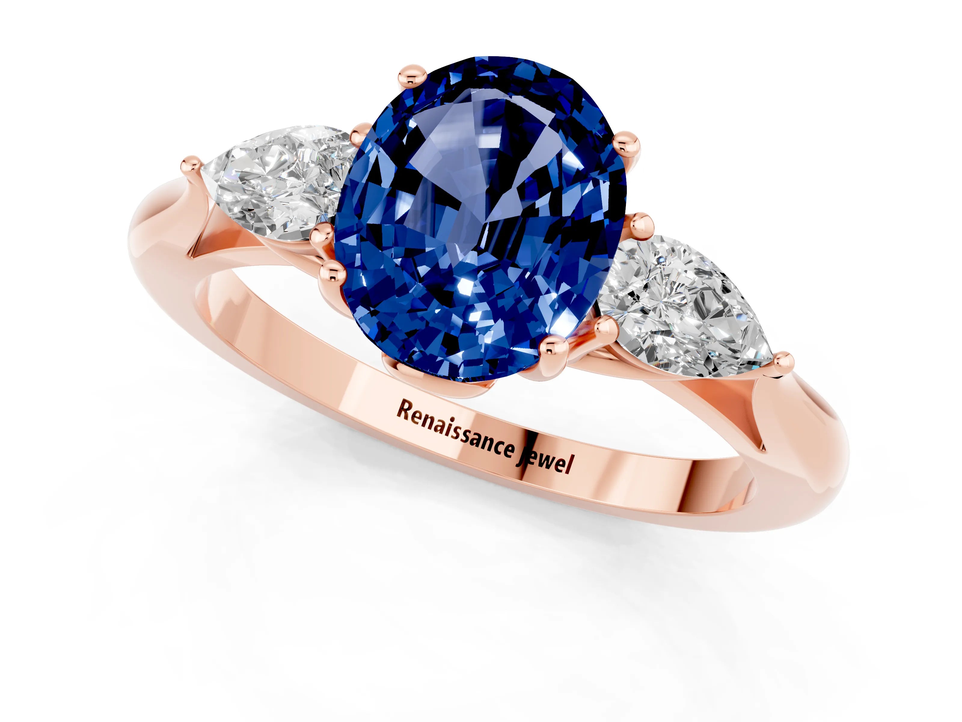 Rose gold Three-Stone Oval Cut Cut Diamond Ring with Pear Side Stones in Four-Prong Setting_1