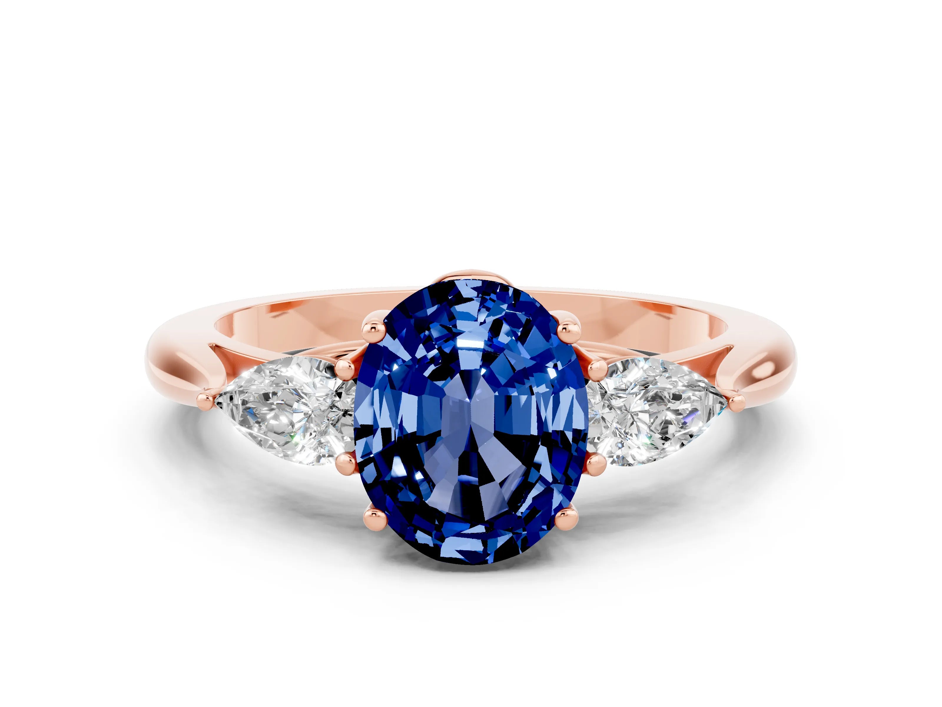 Rose gold Three-Stone Oval Cut Cut Diamond Ring with Pear Side Stones in Four-Prong Setting
