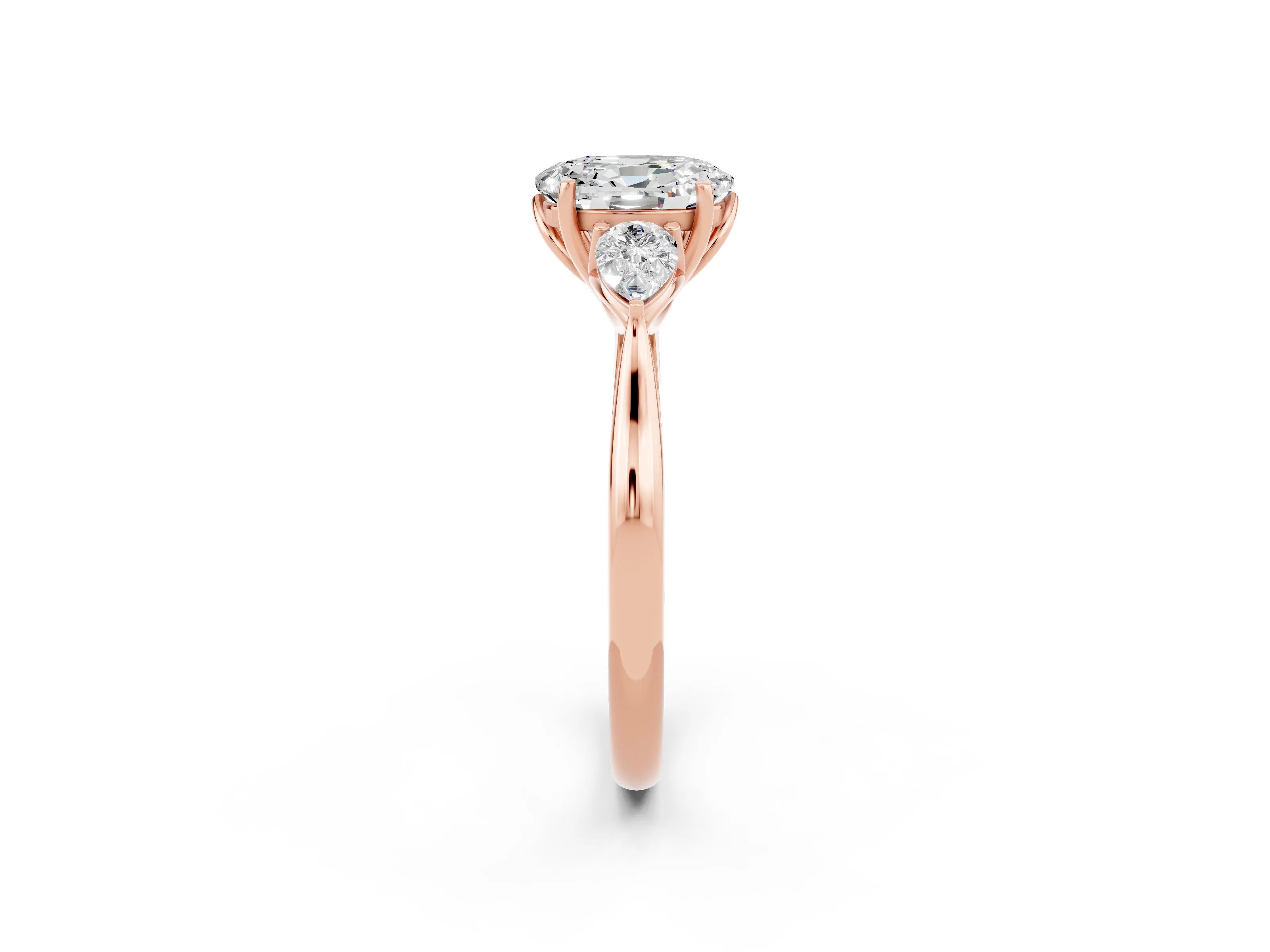 Rose gold Three-Stone Oval Cut Cut Diamond Ring with Pear Side Stones in Four-Prong Setting_2
