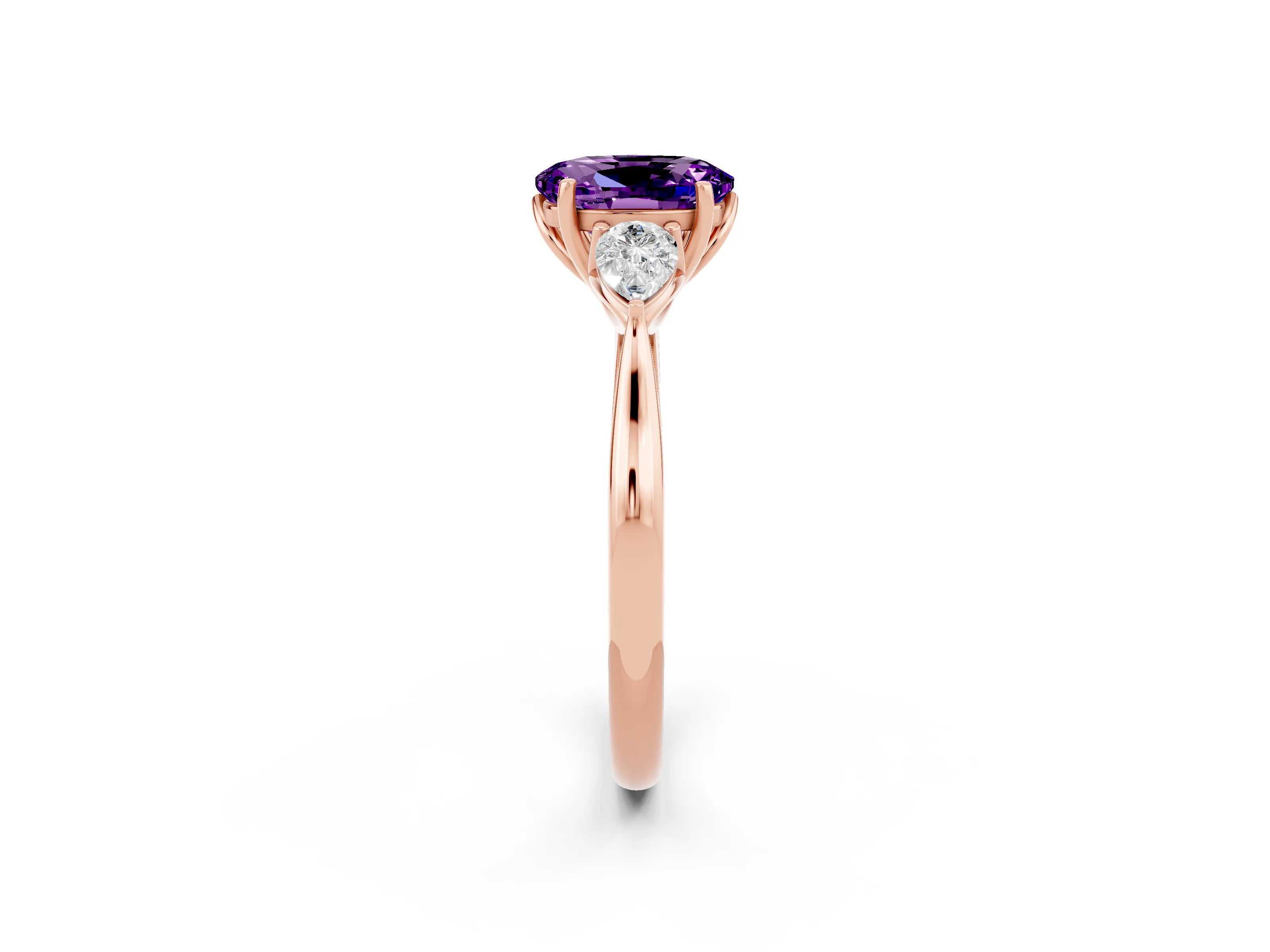 Rose gold Three-Stone Oval Cut Cut Diamond Ring with Pear Side Stones in Four-Prong Setting_2